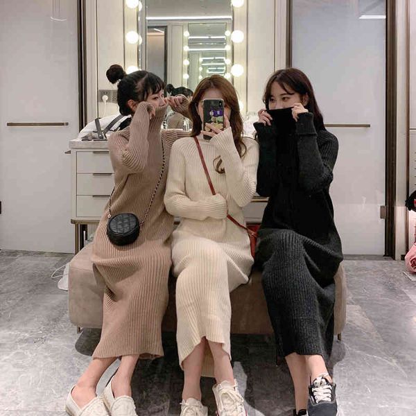 

winter women's loose mid-length knit sweater high neck over the knee thick dress 210514, White;black