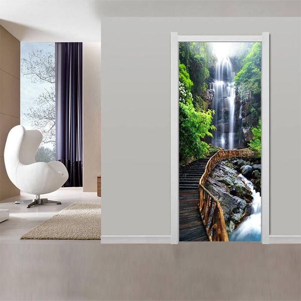 

wallpapers waterproof 3d creative door sticker self-adhesive paper decoration bedroom living room wall waterfall woode