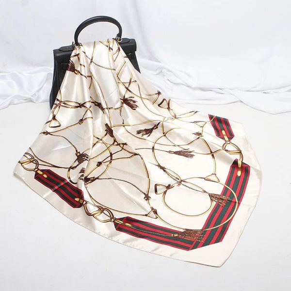 

scarves 90*90cm classic silk scarf female handkerchief printed belt decorate tassel square head bandana muslim, Blue;gray