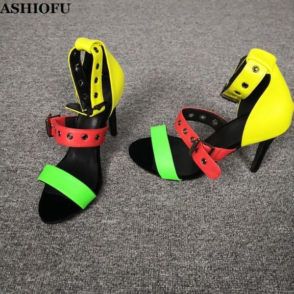 

handmade ladies high heel sandals multicolored patchwork leather party summer shoes buckle strap evening, Black