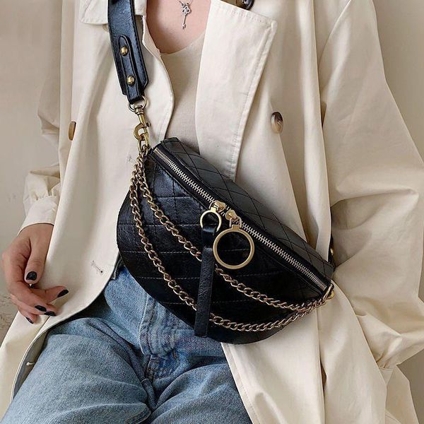 

waist bags 2021 casual chest women simple korean style chain crossbody female pu leather bag ladies messenger