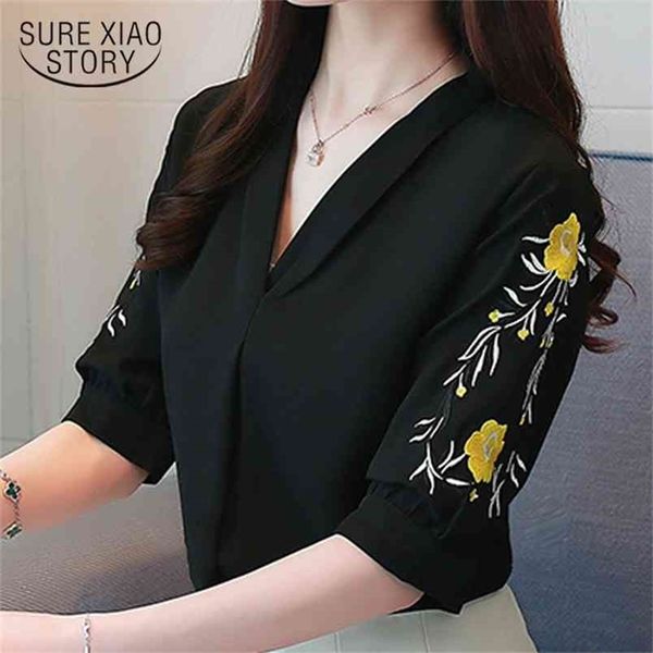 

womens clothing blouses floral embroidery chiffon v-neck office short sleeve shirts 2040 50 210506, White