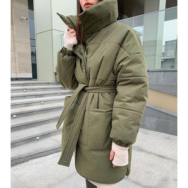 

women's down & parkas agong solid stand collar women fashion single breasted coats elegant tie belt pockets cotton jackets female ladie, Black