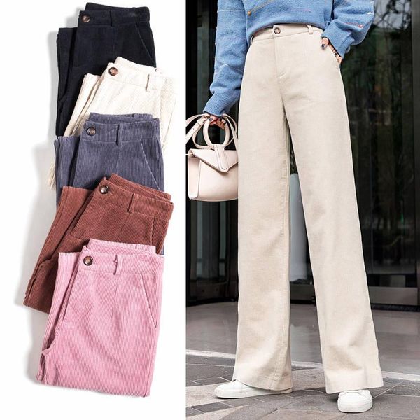 

women's pants & capris elegant corduroy wide-leg women autumn winter plus velvet straight high-waist long trousers warm c6020, Black;white