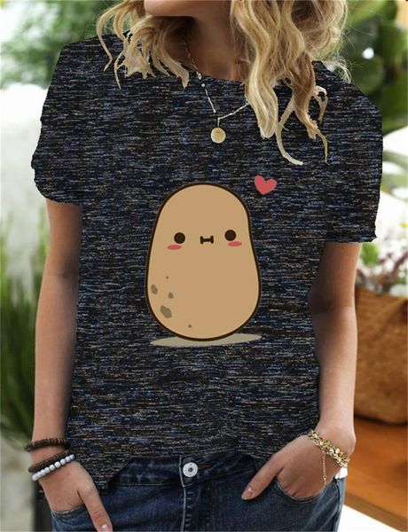 

women's cute loose round neck cartoon nut fruits print short sleeve t-shirt, White