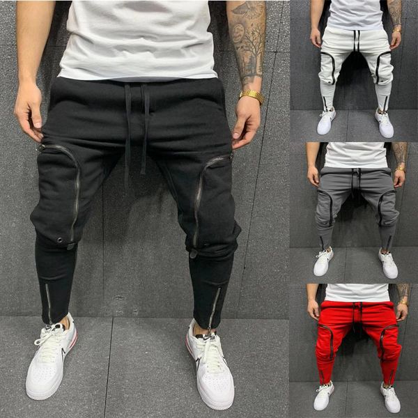 

men's pants 2021 trace lacing up hip-hop jogger large pocket zip slim style solid color street pencil, Black