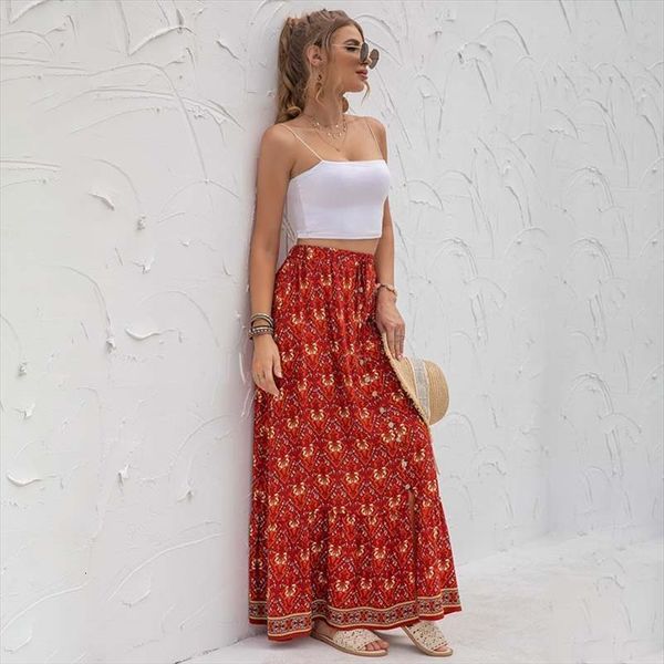 

summer printed clothes single womens skirts breasted split elegant a line casual loose high waist plus size long, Black