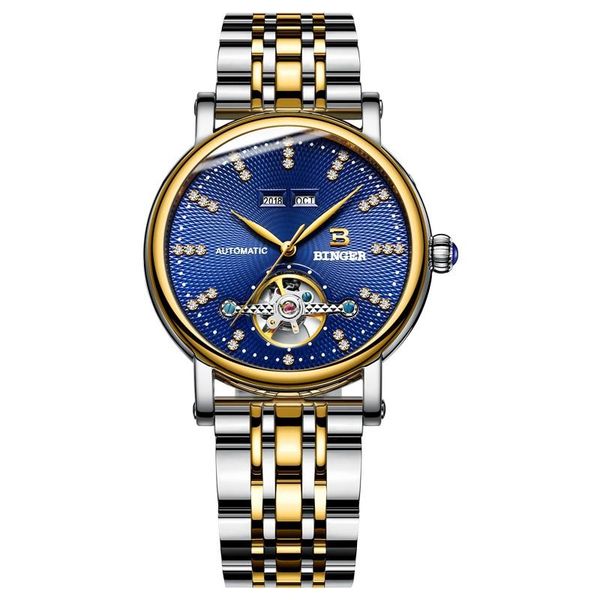 

wristwatches switzerland binger men's watch diamond sapphire automatic mechanical watches skeleton waterproof clock 1173, Slivery;brown