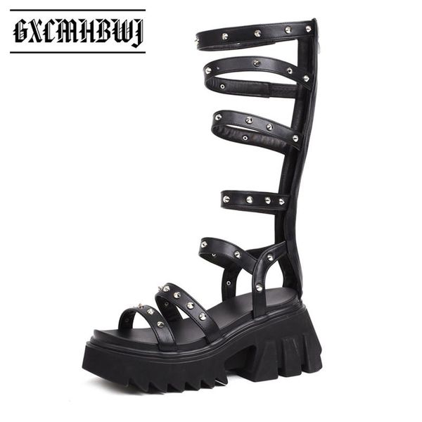 

rome gladiator knee high women sandals punk open toe rivet decoration lady shoes summer wedge heel platform, Black