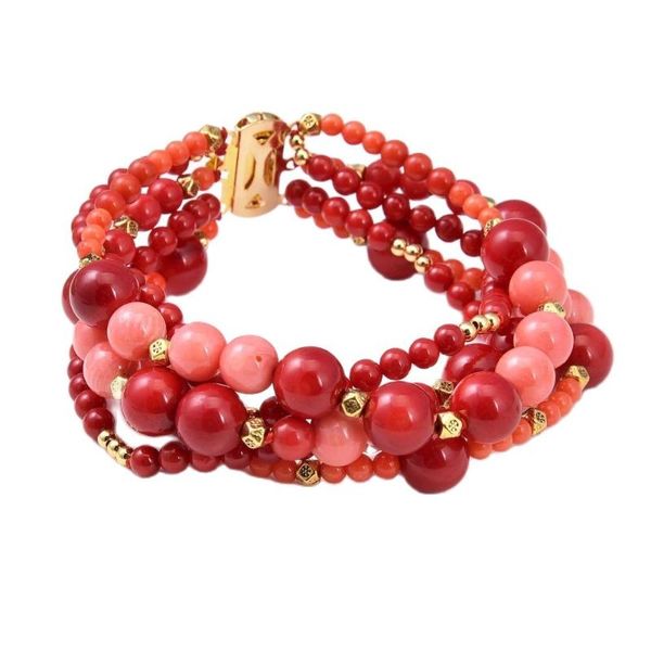 

beaded, strands jk 5 rows 8'' round red pink coral bracelet for women, Black