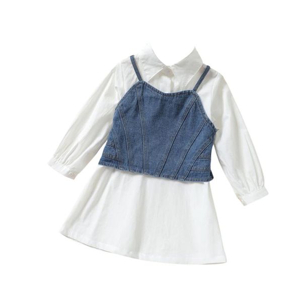

clothing sets 1-7y toddler kids baby girl long sleeve white shirt dress denim camisole 2pcs fashion children clothes set
