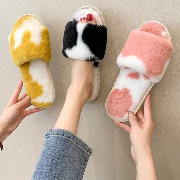 

slippers shoes low flat candy colors fur flip flops slipers women slides massage plush 2021 rubber rome basic autumn with, Black
