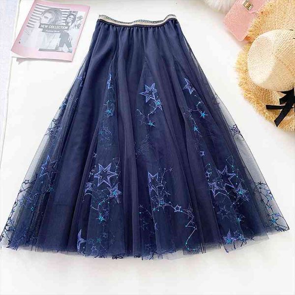 

heavy work elegant star embroidered womens skirts sequined high waist mesh summer big swing galaxy fairy long tulle, Black