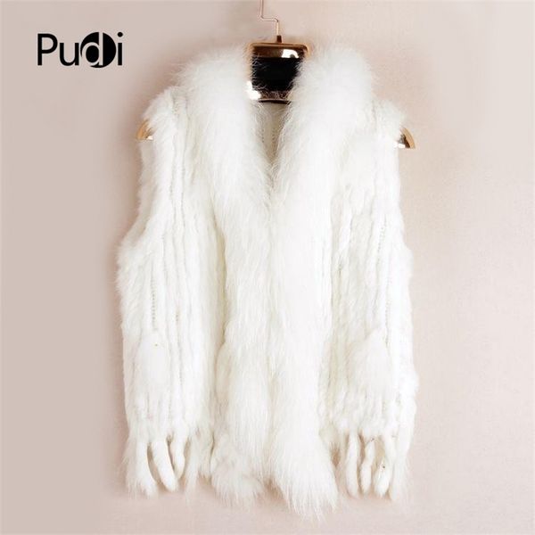 

vr001 womens natural real rabbit fur vest with raccoon fur collar waistcoat/jackets rex rabbit knitted winter 211019, Black