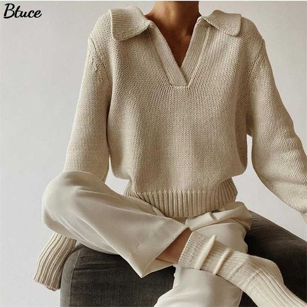 

women polo collar loose knitted sweater winter fashion khaki casual pullovers long sleeve female jumpers 211018, White;black
