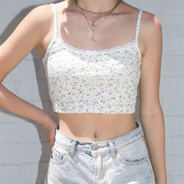 

women lace trimming neck floral print crop camis 210325, White