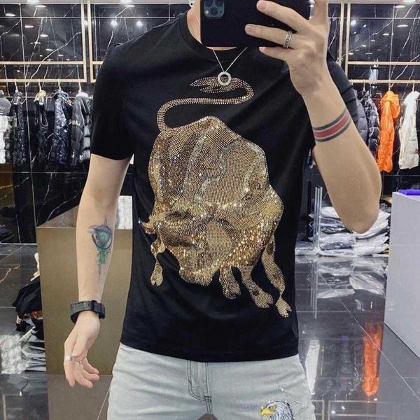 

drill short sleeve men's t-shirt leisure trend 2021 new summer fit year of taurus spirit boy net red half sleeve, White;black