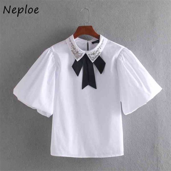 

bow tie beading women white shirt blouse fashion turn down collar short sleeve puff blusa loose 210422