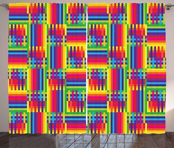 

curtain & drapes vintage rainbow curtains horizontal and vertical short lines vibrant colored mosaic striped living room bedroom window deco
