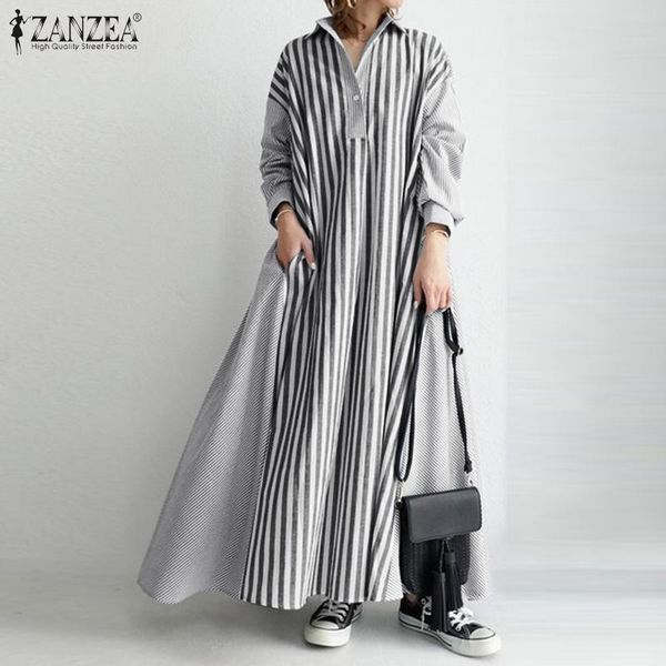 

casual dresses plus size fashion striped shirt dress women's autumn sundress zanzea 2021 long sleeve maxi vestidos female lapel robe 5x, Black;gray
