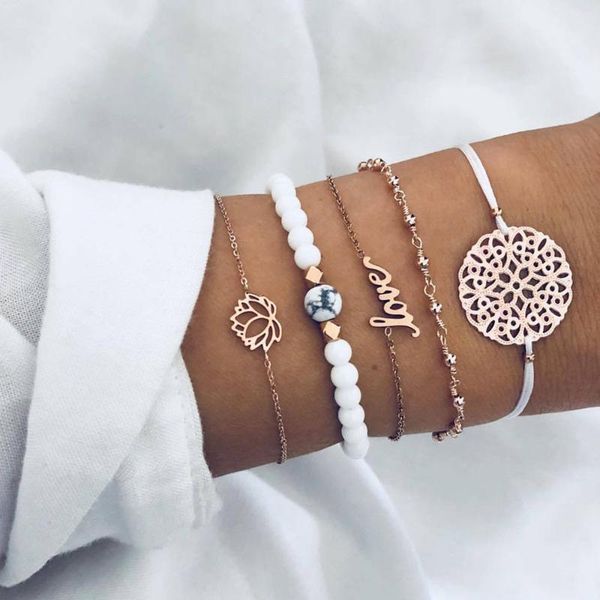 

charm bracelets boho mixed leaves letter map geometric crystal infinity pentagram flower multi-layer chain bracelet women wholesale, Golden;silver