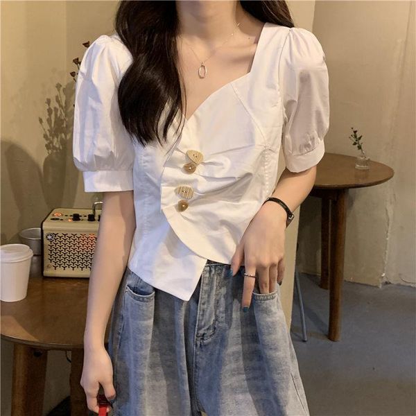 

women's blouses & shirts women short sleeve single breasted irregular crop blouse summer korean style ol clothing female v neck shirt, White
