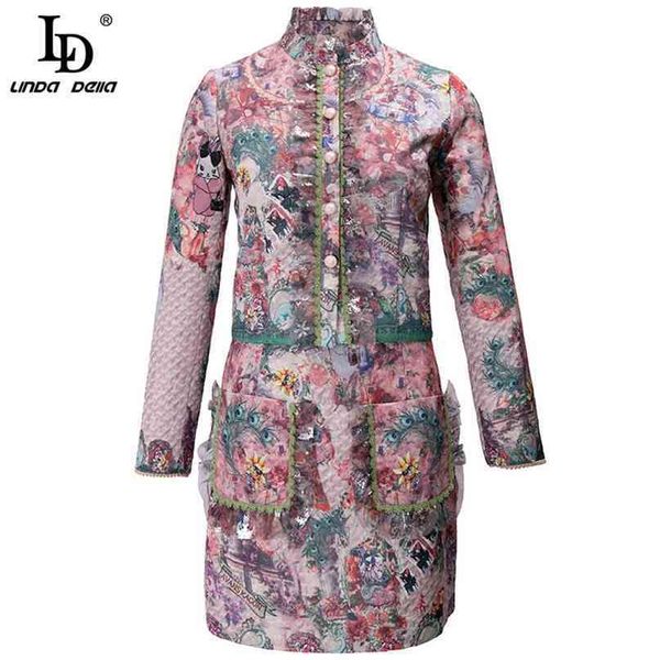 

designer summer vintage skirt sets women's elegant long sleeve flower print and mini 2 pieces suit 210522, White