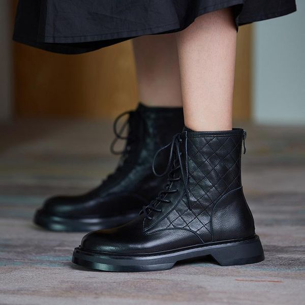 

boots genuine leather women's platform ankle british style side lace round toe flat women, Black