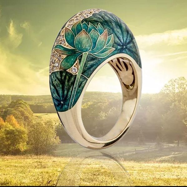 

wedding rings bohemia flower lotus leaves opal statement ring austria crystal gold for women fashion jewelry anillos mujer, Slivery;golden
