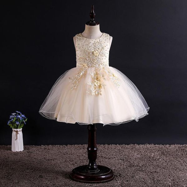 

girl's dresses flower girls dress appliques bow embroidery tulle lace luxury pearls sleeveless o-neck knee-length kids party princess g, Red;yellow