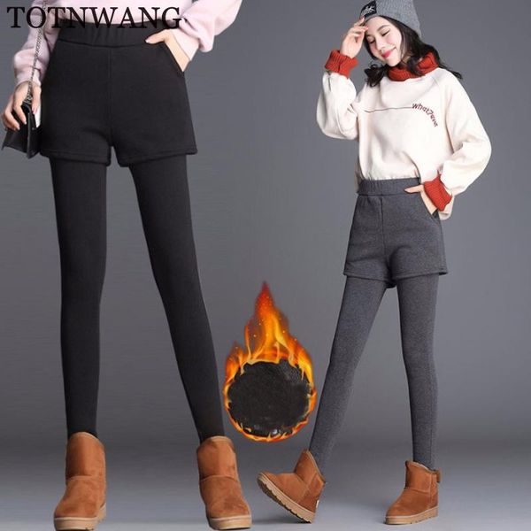 

women's pants & capris totnwang winter plus size women pencil casual thicken warm 2021 slim elastic fake two skinny female leggings, Black;white
