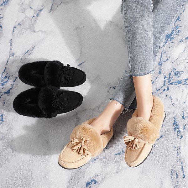 

woman winter warm shoes flat 2018 genuine leather tassel female casual shoes comfortable rabbit fur velvet winter loafers, Black