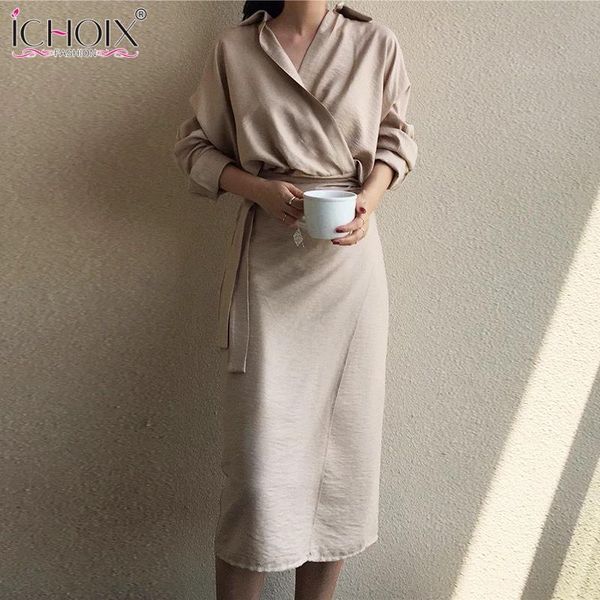 

casual dresses women's dress summer spring sashes belt waist asymmetrival turn-down collar wrap elegant long evening party ladies, Black;gray