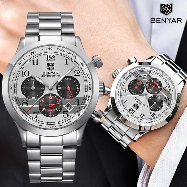 

wristwatches benyar brand men's watches luxury sports chronograph military waterproorf clock men wrist watch relogio masculino, Slivery;brown