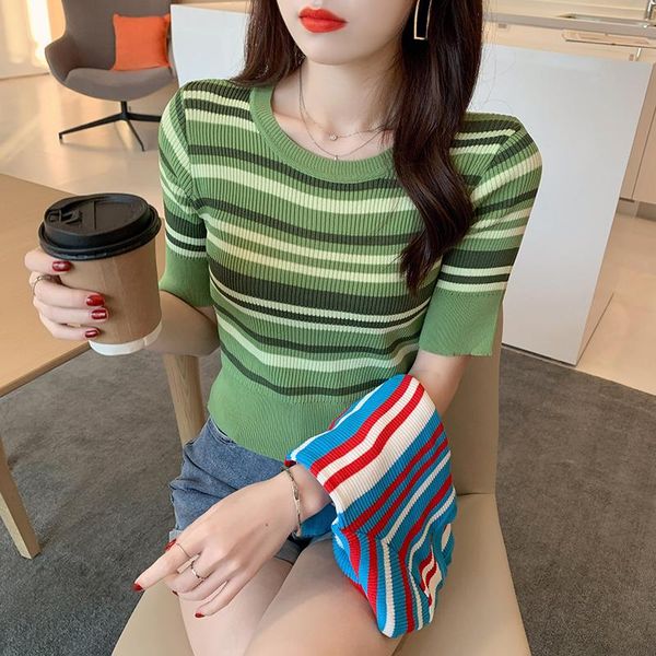 

women's t-shirt 2021 summer short sleeve england style kawaii japanese casual fashion striped print graphic t shirts knitted crop tshir, White