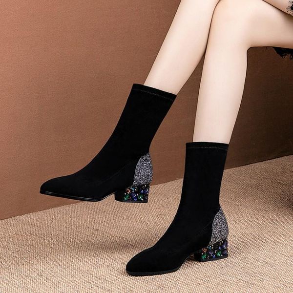 

boots rhinestone thick heel sequins elastic women's shoes 2021 sheepskin round head, Black