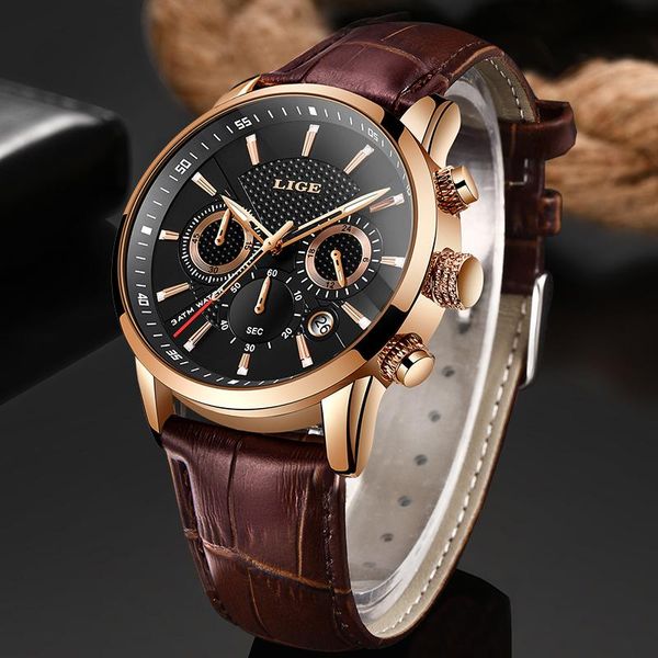 Relógios de pulso 2021 Mens relógios de couro impermeável Lige Lige Top Moda Sport Watch Cronograph Quartz Clock Black Men