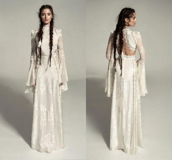 

meital zano great victoria medieval wedding gown with bell sleeves vintage crochet lace high neck gothic queen wedding dresses, White
