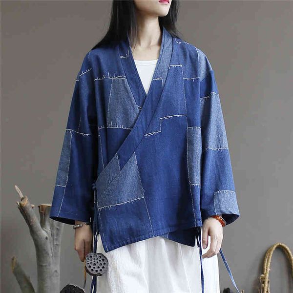 

johnature women patchwork color blue jackets bandage autumn v-neck bat sleeve cotton women vintage jackets coats 210521, Black;brown