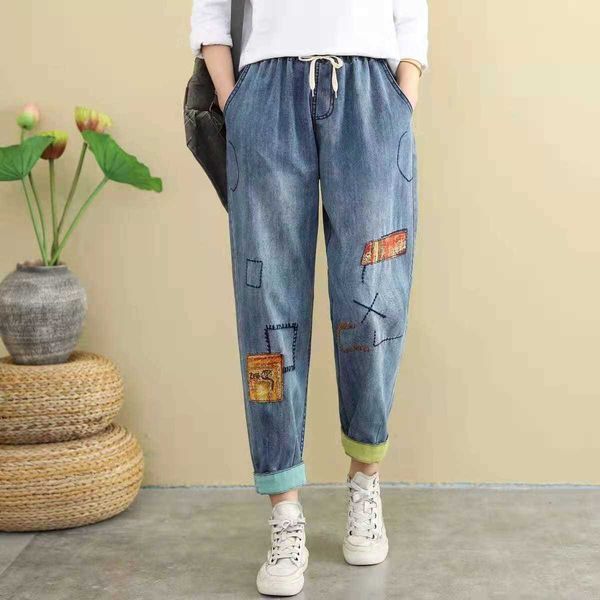 

arrival summer women vintga print embroidery harem pants elastic waist patchwork cotton denim ankle-length pants jeans w277 210608, Blue
