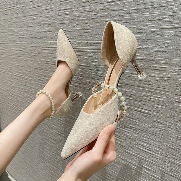 

sandals women ladies high heels design sense niche beaded stiletto temperament goddess fan one-button 2021, Black