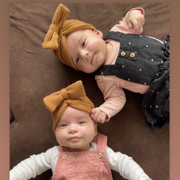 

hair accessories 2021 winter warm 0-4y kids waffle pattern knitted hat soft born baby girls caps children big bow turban ography props, Slivery;white