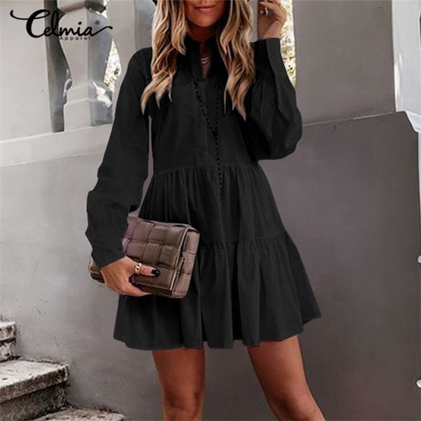 

celmia 2021 fashion dress women solid color long sleeve ruffled bohemian party dress casual loose mini vestidos plus size, Black;gray