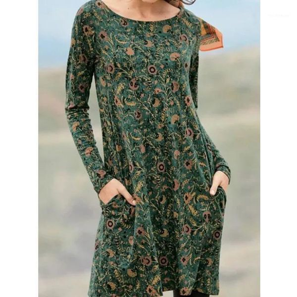 

autumn fashion vintage floral print women casual dress long sleeve o neck pockets design female loose dresses, Black;gray