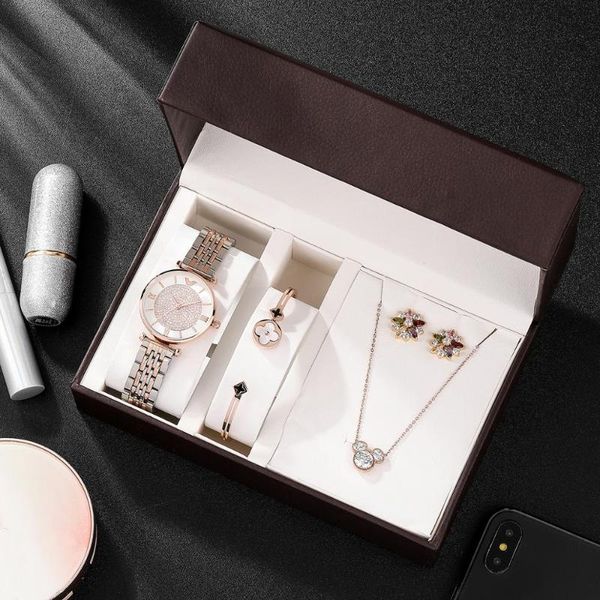 

wristwatches 4pcs gift watches set rose gold women steel clock 2021 design 316 stainless jewerly sets relogio feminino, Slivery;brown