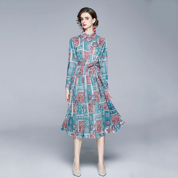 

casual dresses elegant vintage dress fashion women long sleeve high waist midi floral printed slim draped vestidos, Black;gray