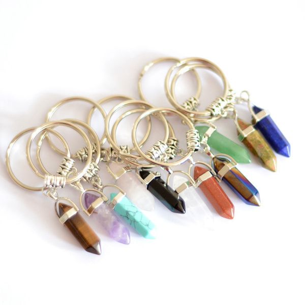 Prism hexagonal chaveiros Pedra natural Pingente Chaveiro Chaveiro Cristal Charms Anéis Titular Jóias Keyring Moda Acessórios