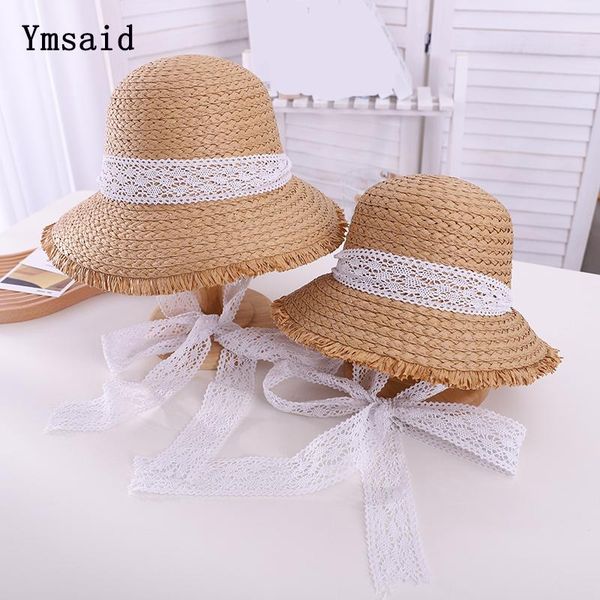 

women summer raffia black white ribbon hat lace bow temperament straw hats girl parent-child boater beach wide brim, Blue;gray