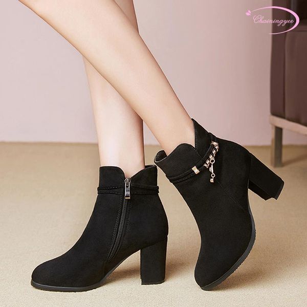 

boots party style comfortable round toe flock ankle fashion crystal metal zipper high heel thick riding women's shoes, Black