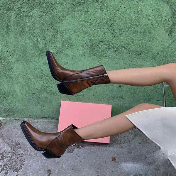 

boots women's vintage mid-calf small square toe med heels black brown shoes b250